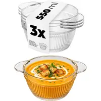 Kadax soepkom 550ml, 3 stuks, transparante kom voor soepen, soepkom van glas, soepkom, glazen kom met handgrepen, soepbord, vaatwasmachinebestendig