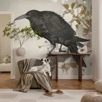 Coloray Vliesbehang - Zwart Snellijm Behang - 312x219 cm - Raaf In De Bloemen Muurschildering - Gang behang Dieren - Fotobehang Vlies - Slaapkamer behang