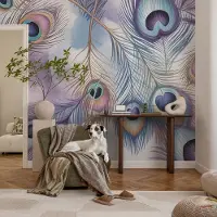 Coloray Vliesbehang - Paars Snellijm Behang - 250x250 cm - Pauwenveren Fotobehang Vlies - Woonkamer behang Abstractie - Muurschildering - Woonkamer behang