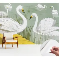 Wallfluent Zelfklevend Fotobehang - Wit Vliesbehang - 312x219 cm - Zwanenmeer Behang Zonder Lijm - Slaapkamer behang Dieren - Makkelijk Aan Te Brengen Behang - Bubble Free Behang