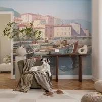 Coloray Vliesbehang - Beige Snellijm Behang - 416x254 cm - Haven Aan Zee Muurschildering - Slaapkamer behang Steden - Fotobehang Vlies - Slaapkamer behang