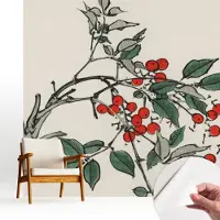 Wallfluent Zelfklevend Fotobehang - Zwart Vliesbehang - 250x250 cm - Een Takje Bessen Behang Zonder Lijm - Slaapkamer behang Bloemen En Planten - Luchtbelvrij Behang - Polyester Behang