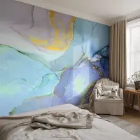 Coloray Vliesbehang - Blauw Snellijm Behang - 416x254 cm - Aquarelvormen Fotobehang Vlies - Hal behang Abstractie - Muurschildering - Hal behang