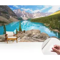 Wallfluent Zelfklevend Fotobehang - Blauw Vliesbehang - 416x254 cm - Blauw Meer Behang Zonder Lijm - Slaapkamer behang Landschappen - Makkelijk Aan Te Brengen Behang - Polyester Behang
