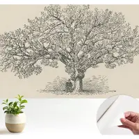 Wallfluent Zelfklevend Fotobehang - Zwart-Wit Vliesbehang - 104x70 cm - Boomillustratie Behang Zonder Lijm - Slaapkamer behang Bloemen En Planten - Makkelijk Aan Te Brengen Behang - Polyester Behang