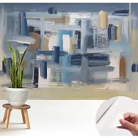 Wallfluent Zelfklevend Fotobehang - Blauw Vliesbehang - 208x146 cm - Abstracte Penselen Behang Zonder Lijm - Gang behang Abstractie - Makkelijk Aan Te Brengen Behang - Polyester Behang