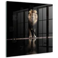Tulup Wandklok - Portret van een leeuw Glazen Klok Met Print - 60x60 cm - Bruin Wandklok Glas Met Motief - Zwarte handen - Vierkante Klok - Wandklok Glas Decoratie - Gekleurde Glazen Klok