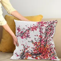 Abakuhaus Japans Sierkussenhoes, Japans Kersen Blossoms in Aquarel Brush Stijl Oosters Levendig Oosters Kunst, Decoratieve Vierkante Sierkussenhoes, 60 x 60 cm, Oranje Rood