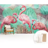 Wallfluent Fotobehang - Roze Vliesbehang - 416x254 cm - Exotische Vogels Fotobehang Vlies - Hal behang Dieren - Muurschildering - Woonkamer behang