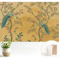 Wallfluent Fotobehang - Geel Vliesbehang - 104x70 cm - Pauwenbomen Muurschildering - Gang behang Bloemen En Planten - Fotobehang Vlies - Gang behang