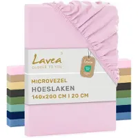 Lavea Hoeslaken 140x200 cm – zachte en ademende microvezel – voor matrassen tot 20 cm – met elastiek rondom – oeko-tex gecertificeerd – Roze