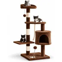 Belviona kattenkrabpaal, compacte 112 cm krabpaal met speeltjes, sisal en een knus holletje, bruin