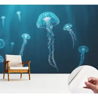 Wallfluent Zelfklevend Fotobehang - Blauw Vliesbehang - 312x219 cm - Maritieme Elegantie Fotobehang - Hal behang Dieren - Behang Zonder Lijm - Scheurbestendig Behang