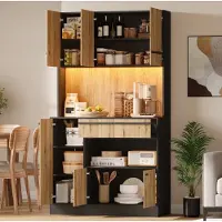 OKWISH Keukenkast – LED-Verlichting Met Appbediening – Voor Keuken En Woonkamer – MDF Naturel/Zwart – 100 x 40 x 180 cm