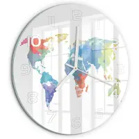 Tulup Wandklok - Wereldkaart Decoratieve Glazen Klok - fi30 cm - Veelkleurig Glazen Wandklok Design - Witte handen - Ronde Klok - Glazen Klok Met Print - Wandklok Glas Met Motief