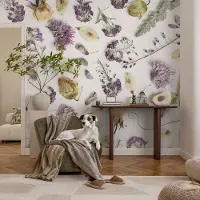 Coloray Vliesbehang - Wit Snellijm Behang - 416x254 cm - Gedroogde Bloemen Muurschildering - Slaapkamer behang Bloemen En Planten - Fotobehang Vlies - Slaapkamer behang
