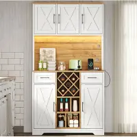 MODFU Keukenkast met werkblad, hoge kast 105x40x180 cm, multifunctionele dressoir met LED-vitrine, stopcontact, wijnrek en 2 lades, wit