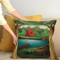 Abakuhaus Camping Sierkussenhoes, Idyllic Natuur Scene van een Deep Bos met Meer en Bergen Cartoon Bos, Decoratieve Vierkante Sierkussenhoes, 60 x 60 cm, Bruin Groen