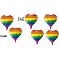 Partyxplosion 6x Folieballon Hart regenboog (45 cm) - Pride hartjes ballon feest festival liefde thema feest