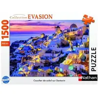 Ravensburger Puzzle van 1500 stukjes, afbeelding: "Zonsondergang op Santorini". Geschikt voor volwassenen en kinderen vanaf 14 jaar. Evasion collectie. Artikelnummer: 12001532. Nathan