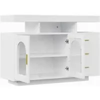 OKWISH Sideboard – Buffetkast Met LED – 3 Lades, 1 Deur, 4 Open Vakjes – 120x40x80 cm – Hoogglans Front – Acryl Deur – Spaanplaat Wit – App-Gestuurd