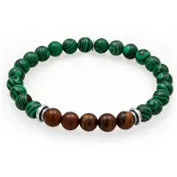 KUZZOI - Armband - Armband Heren Ballen Tijgeroog Bruin Malachiet Groen 925 Sterling Zilver 21 cm -