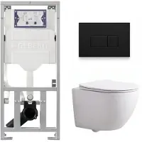 Geberit QeramiQ Dely Swirl Compact Toiletset - inbouwreservoir UP320 - met Burda frame - 25mm zitting - kunststof bedieningsplaat mat zwart - rechthoekige knoppen - glans wit