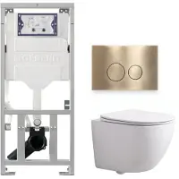 Geberit QeramiQ Dely Swirl Compact Toiletset - inbouwreservoir UP320 - met Burda frame - slim zitting - kunststof bedieningsplaat geborsteld messing (goud) - ronde knoppen - glans wit