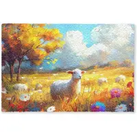 MuchoWow Deurmat 90x60 cm - Droogloopmat Schaap - Weide - Bloemen - Mat voor binnen - Schoonloopmat - Deurmatten met print - Inloopmat