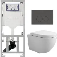 Geberit QeramiQ Dely Swirl Compact Toiletset - inbouwreservoir UP320 - met Burda frame - 25mm zitting - natuurstenen bedieningsplaat marmer donker - ronde knoppen - glans wit