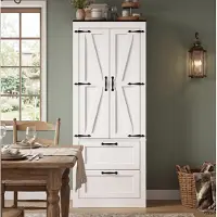 OKWISH Keukenkast – Landelijke Stijl – 60 x 30 x 168 cm – 2 Deuren En 2 Laden – Verstelbare Planken – MDF Wit – Met Kantelbeveiliging