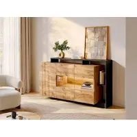 Vente-unique Buffetkast met 3 deuren en 3 nissen - Met ledverlichting - Natuurlijk en antraciet - IDESIA