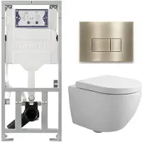 Geberit QeramiQ Dely Swirl Compact Toiletset - inbouwreservoir UP320 - met Burda frame - 25mm zitting - kunststof bedieningsplaat geborsteld messing (goud) - rechthoekige knoppen - glans wit