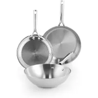 BK Sparkling Uncoated Pannenset 3-delig - Koekenpannen 24 cm + 28 cm + Wokpan 28 cm/4,2L - Zonder antikleeflaag - Pannenset inductie - RVS pan - Ovenbestendig tot 230°C - RVS handgrepen - Zilver