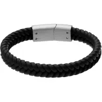 Lucardi - Kinder Zwart leren kinderarmband met stainless steel sluiting mat - Armband - Staal - Zilverkleurig - 17 cm
