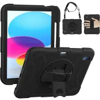 Mobigear SureGrip Tablethoes geschikt voor Apple iPad 10 (2022) Hardcase Backcover + Stylus Houder + Schouderband + Standaard - Zwart
