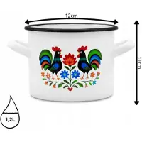 Tragar Emaille Kookpan 1,2 Liter – Geëmailleerde Pan 12 cm – Kleine Kookpot met Folk Design – Wit