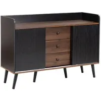 OKWISH Dressoir – 3 Laden – Gestreepte Schuifdeuren – Verstelbare Legplanken – Verhoogde Rand – 6 Houten Poten – 117,5×40×80 cm – MDF – Zwart+Lichtbruin