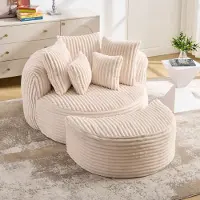 OKWISH Fauteuil 168 x 123 x 63 cm – Zachte Chenille Met Hocker En Vijf Kussens – Voor Woonkamer En Slaapkamer – Beige