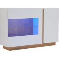 OKWISH Dressoir – Minimalistisch Sideboard – 3 Deuren – Met Glas en LED-Verlichting – Hoogglans Wit – Houtaccenten – Spaanplaat – 138x38,5x90,5 cm