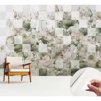 Wallfluent Zelfklevend Fotobehang - Wit Vliesbehang - 312x219 cm - Lotuspatronen Fotobehang - Woonkamer behang Bloemen En Planten - Behang Zonder Lijm - Scheurbestendig Behang