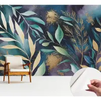 Wallfluent Zelfklevend Fotobehang - Marine Vliesbehang - 312x219 cm - Botanische Bladeren Fotobehang - Hal behang Bloemen En Planten - Polyester Behang - Luchtbelvrij Behang