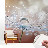Wallfluent Zelfklevend Fotobehang - Wit Vliesbehang - 250x250 cm - Een Druppel Op Een Paardenbloem Fotobehang - Hal behang Bloemen En Planten - Polyester Behang - Luchtbelvrij Behang