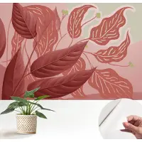 Wallfluent Zelfklevend Fotobehang - Rood Vliesbehang - 152x104 cm - Biologische Bladeren Fotobehang - Hal behang Bloemen En Planten - Polyester Behang - Luchtbelvrij Behang