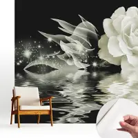 Wallfluent Zelfklevend Fotobehang - Wit Vliesbehang - 250x250 cm - Lichtgevende Roos Behang Zonder Lijm - Slaapkamer behang Bloemen En Planten - Luchtbelvrij Behang - Polyester Behang