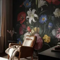 Coloray Vliesbehang - Zwart Snellijm Behang - 152x104 cm - Bloemen Met Insecten Fotobehang Vlies - Hal behang Bloemen En Planten - Muurschildering - Woonkamer behang