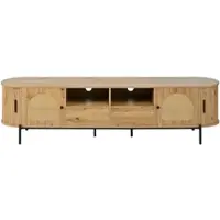 OKWISH TV-kast met twee lades en open vakken, ovale TV-dressoir met schuifdeuren en een rieten voorkant, houtlook, metalen poten, natuurlijke uitstraling