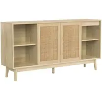 OKWISH Dressoir – 2 Lades – 3 Schuifdeuren Van Echt Rattan – Ruime Opbergruimte Voor Woonkamer/Eetkamer/Hal – 155 x 38 x 80 cm – MDF;Spaanplaat – Massief Houten Poten – Notenbruin