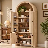 STILVORA Hoge Keukenkast - Boogvorm Met Open Vak En Lamellendeuren - Voor Keuken En Woonkamer - Spaanplaat - 78 x 40 x 180 cm - Houtkleur
