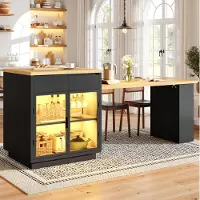 STILVORA Keukeneiland - Uitschuifbaar Met Laden En Glazen Deuren - Voor Keuken En Eetkamer - Houtvezelplaat - Zwart - 122-194,5 X 70 X 94 Cm